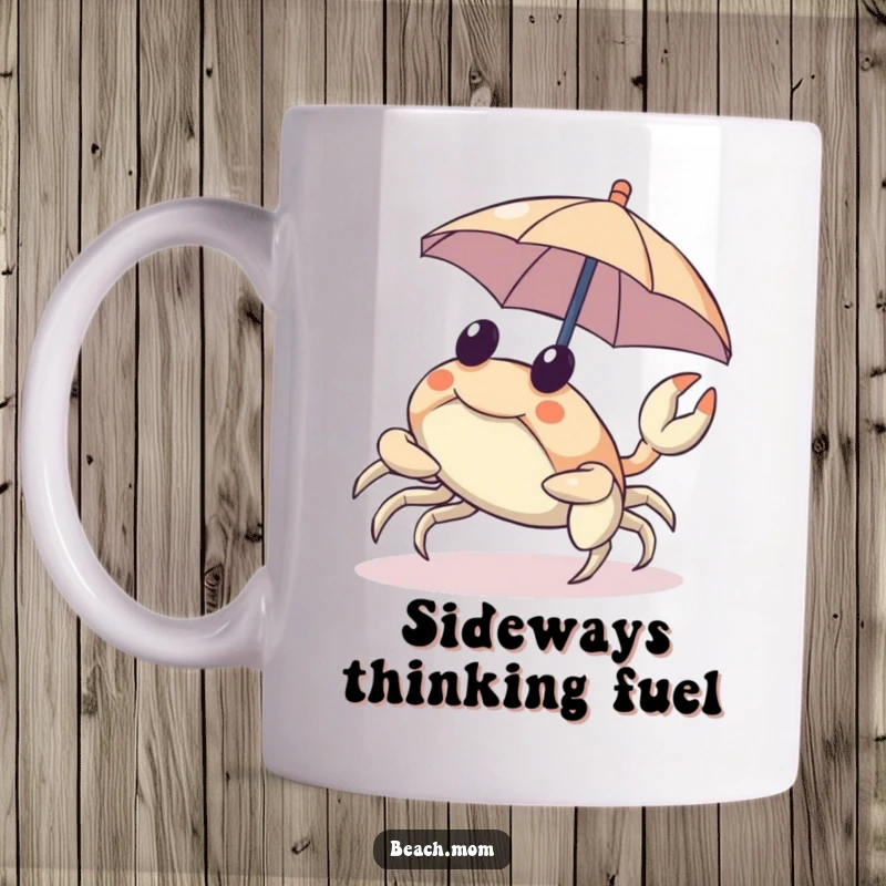 Funny mug depicting a cheerful crab scuttling sideways with a tiny umbrella, ready for any weather.