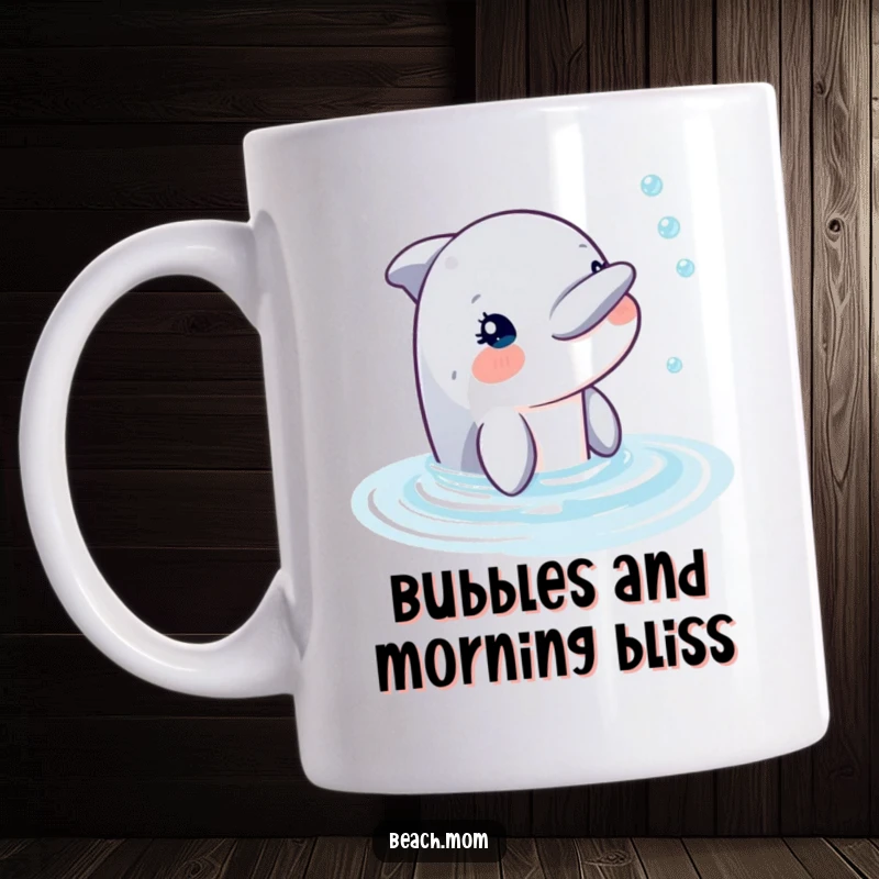 Funny dolphin peeking out of blue water, blowing a stream of big bubbles, looking content on a coffee mug.