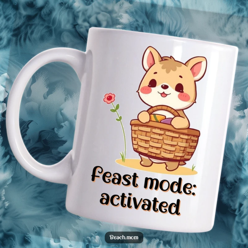 Funny animal character excitedly packing a picnic basket full of goodies, ready for outdoor fun, perfect for a coffee mug gift.