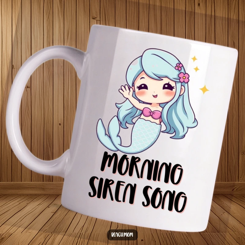Funny Kawaii mermaid mug, cute cartoon character with a sparkling tail waving hello, underwater fantasy art.
