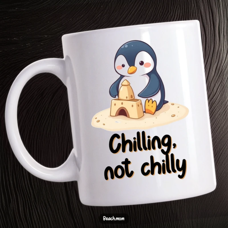 Funny penguin with tiny flippers building a sandcastle on the beach, depicted on a ceramic mug, showcasing dedication and silliness.