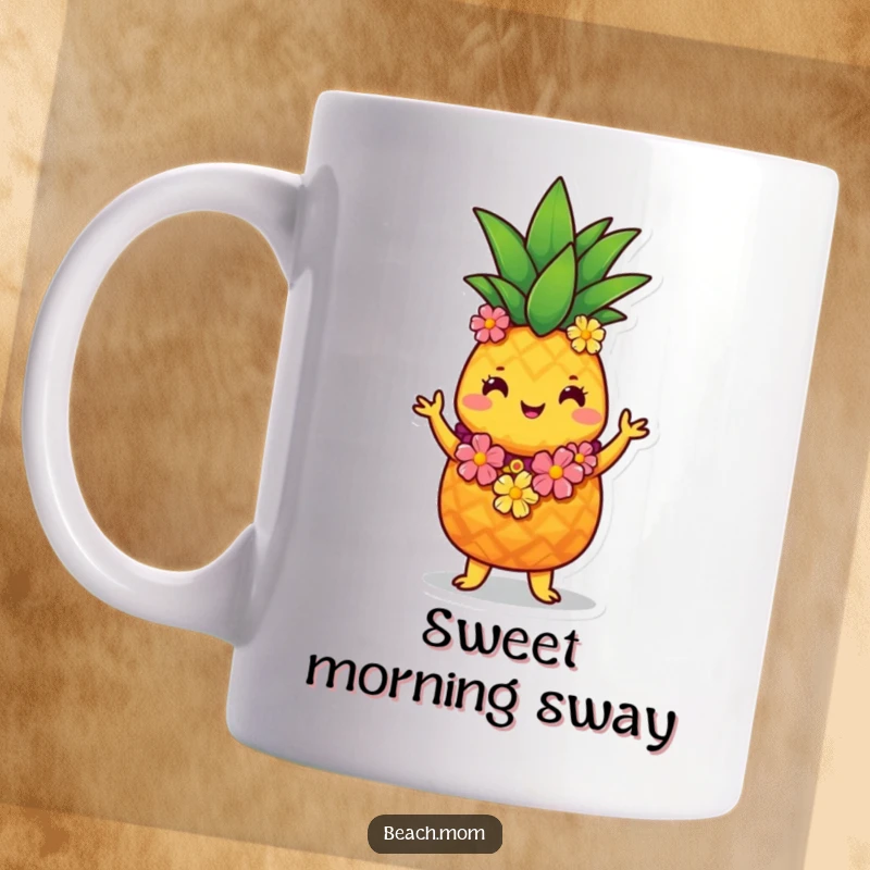 Funny pineapple mug featuring a cute pineapple character in a lei, doing the hula with a tropical, joyful expression.