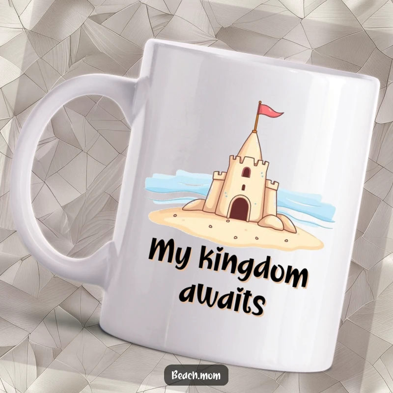 Funny mug featuring a cheerful sandcastle proudly waving a tiny flag towards the vast ocean, embodying beach fun.