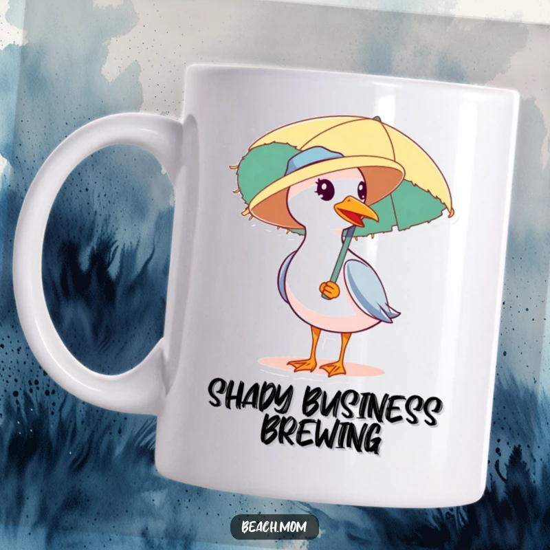 Funny mug showing a seagull wearing a straw hat, carrying a beach umbrella and looking ready for a sunny day at the shore.
