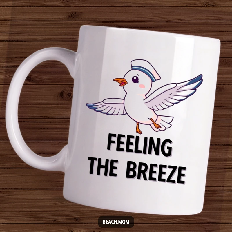 Funny mug featuring a delighted seagull in a sailor hat, soaring joyfully through the sky, embodying nautical fun.