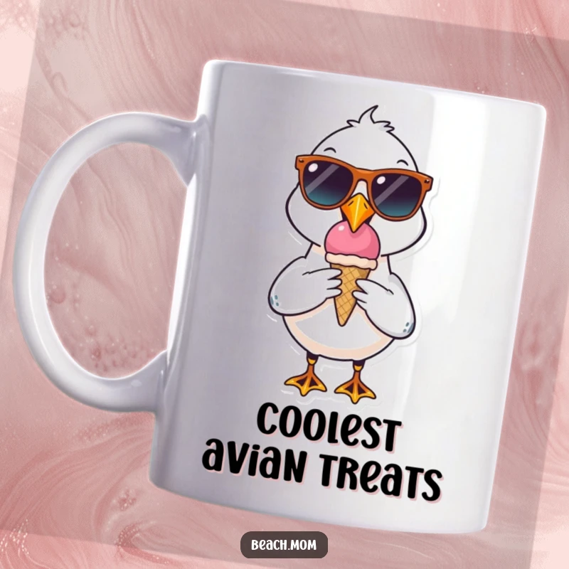 Funny seagull character mug wearing sunglasses, holding an ice cream cone, looking incredibly cool and relaxed, a fun gift.