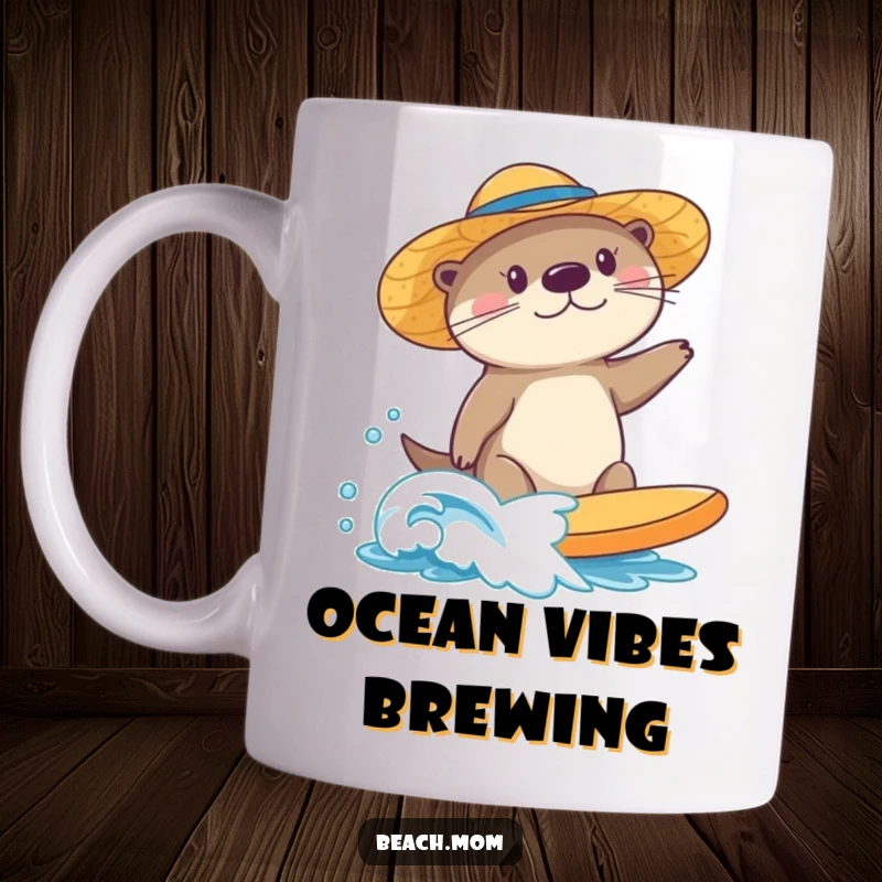 Funny sea otter mug, wearing a sun hat, adorably surfing a small wave, capturing playful beach vibes and aquatic fun.