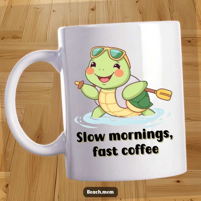 Funny Turtle Mug: A joyful turtle in a floatie paddles enthusiastically, symbolizing slow, happy fun and a relaxed attitude.
