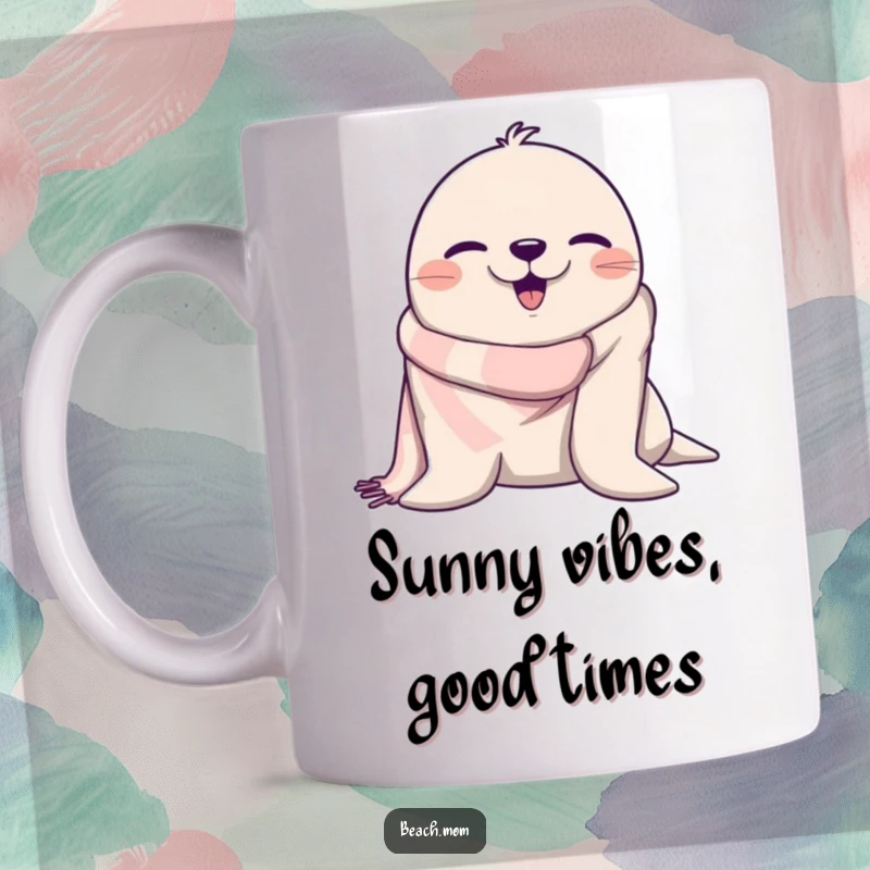 Funny beach towel seal winking with a playful expression, perfect for a humorous and cheerful mug.