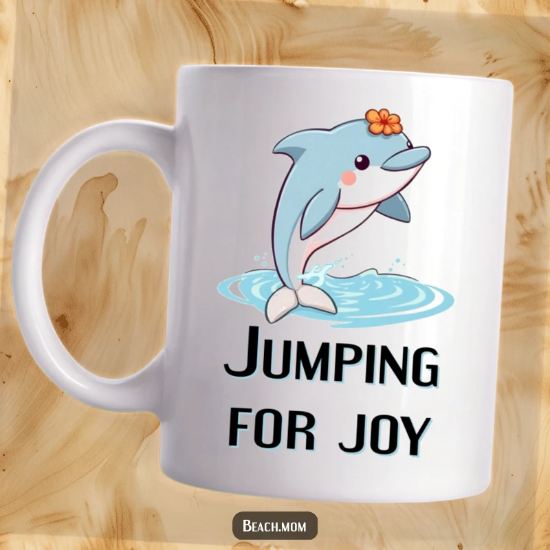 Funny dolphin wearing a lei, jumping joyfully out of water, bringing tropical humor to a mug.