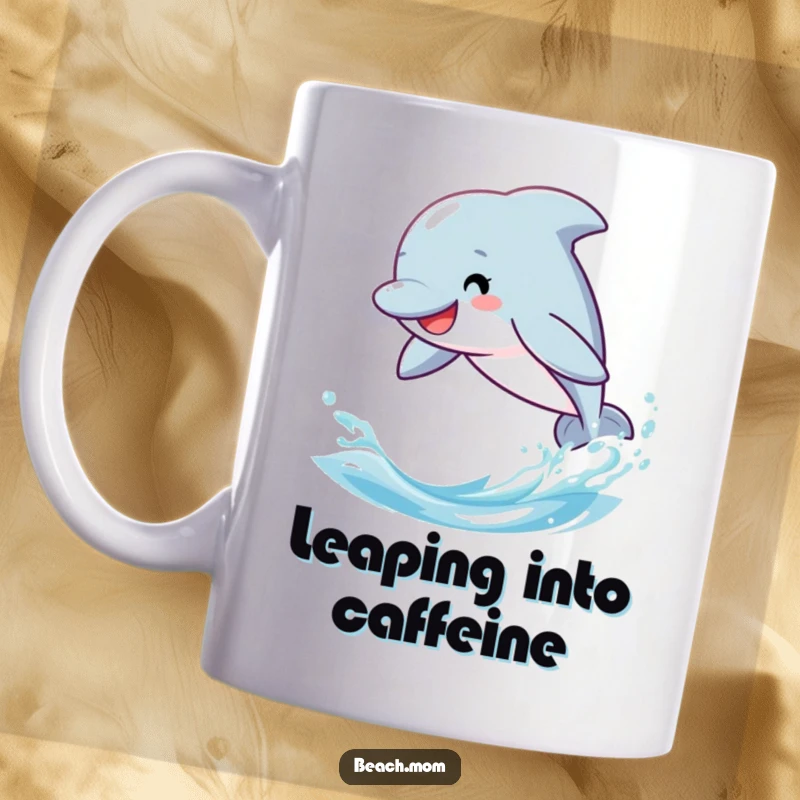 Funny smiling dolphin mug, cartoon character leaping energetically through blue ocean waves, depiction of pure joy.