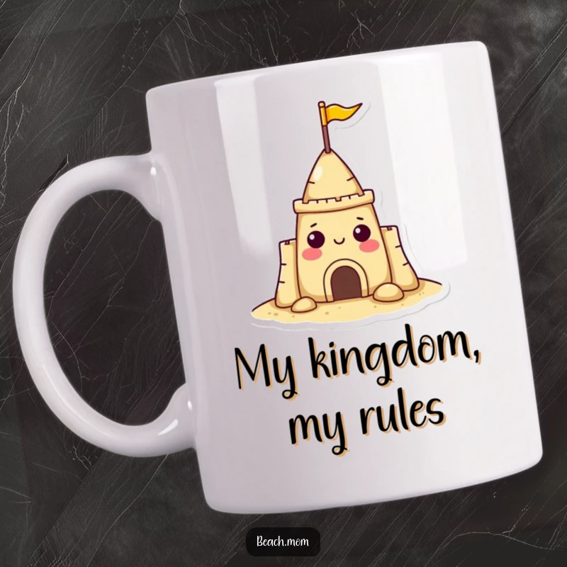 Funny sandcastle character mug with a tiny flag, looking cheerful and ready for beach adventures, a perfect gift.