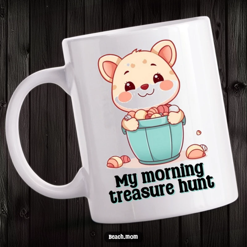 Funny mug: A happy animal character beams with pride holding a bucket overflowing with seashells, celebrating beach finds.