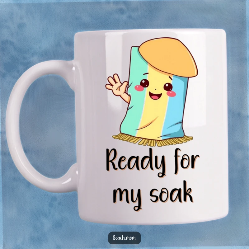 Funny mug featuring a happy, smiling beach towel waving hello, bringing sunny vibes to your kitchen.