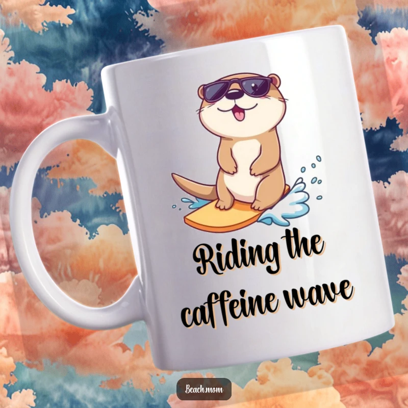 Funny otter mug, a cool otter wearing sunglasses, surfing a wave towards the shore with joy.