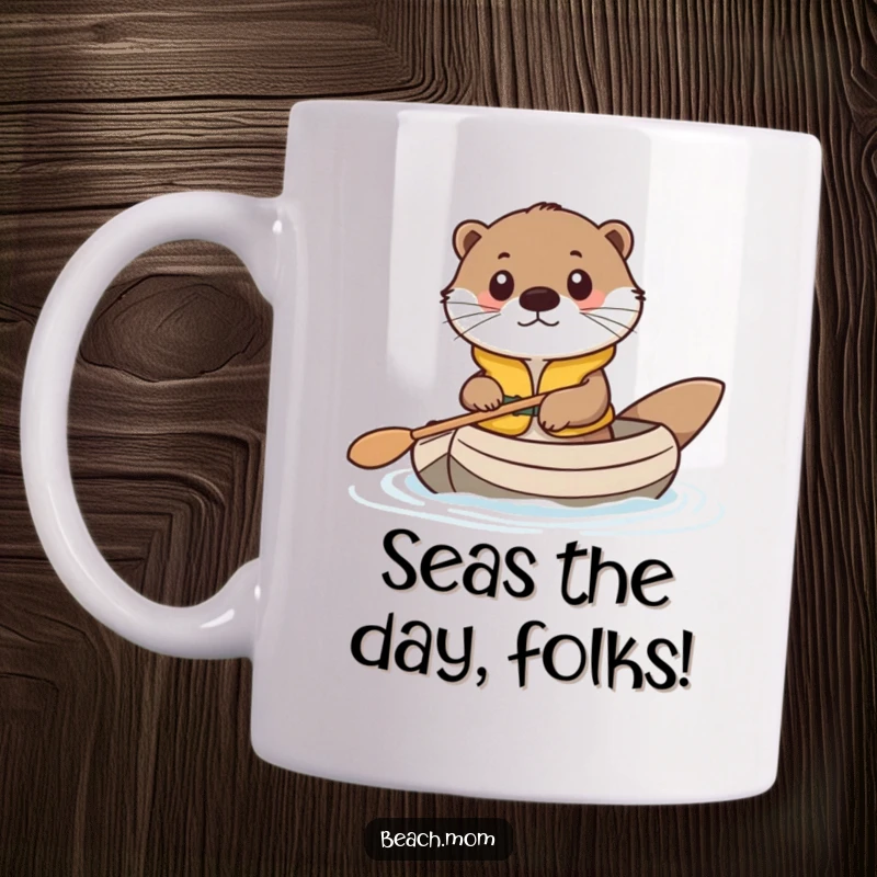 Funny mug featuring a cute otter in a life vest, happily paddling a small raft, conveying resilience and humor.