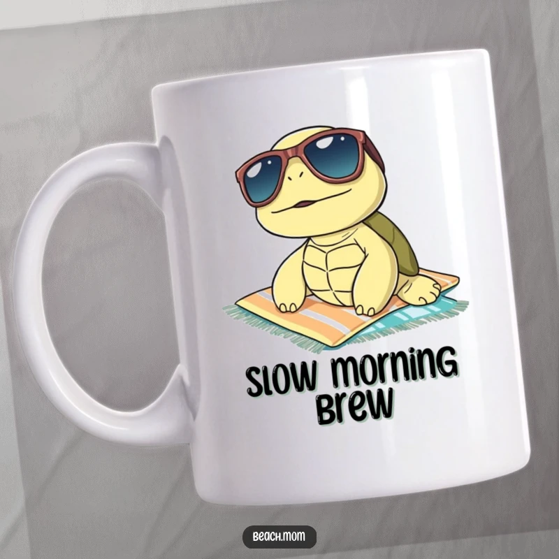 Funny sunbathing turtle wearing sunglasses and lounging on a beach towel, depicted on a mug, radiating pure relaxation.