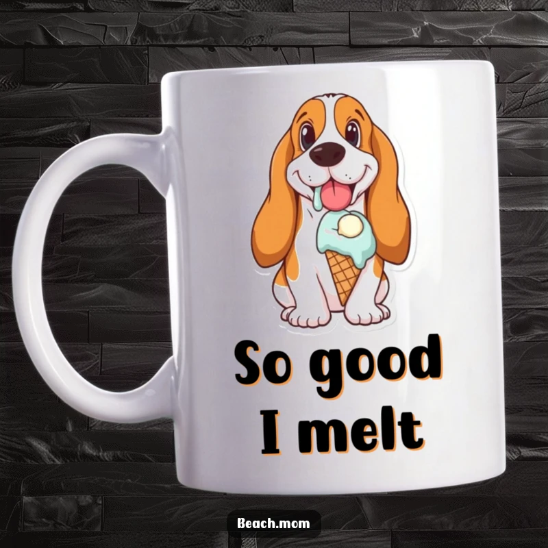 Funny Basset Hound mug joyfully eating a melting ice cream cone, pure happiness depicted in its droopy, delighted face.