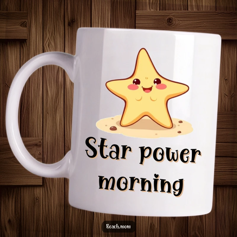 Funny Starfish Mug featuring a smiling starfish character joyfully doing a cartwheel on a sandy beach.