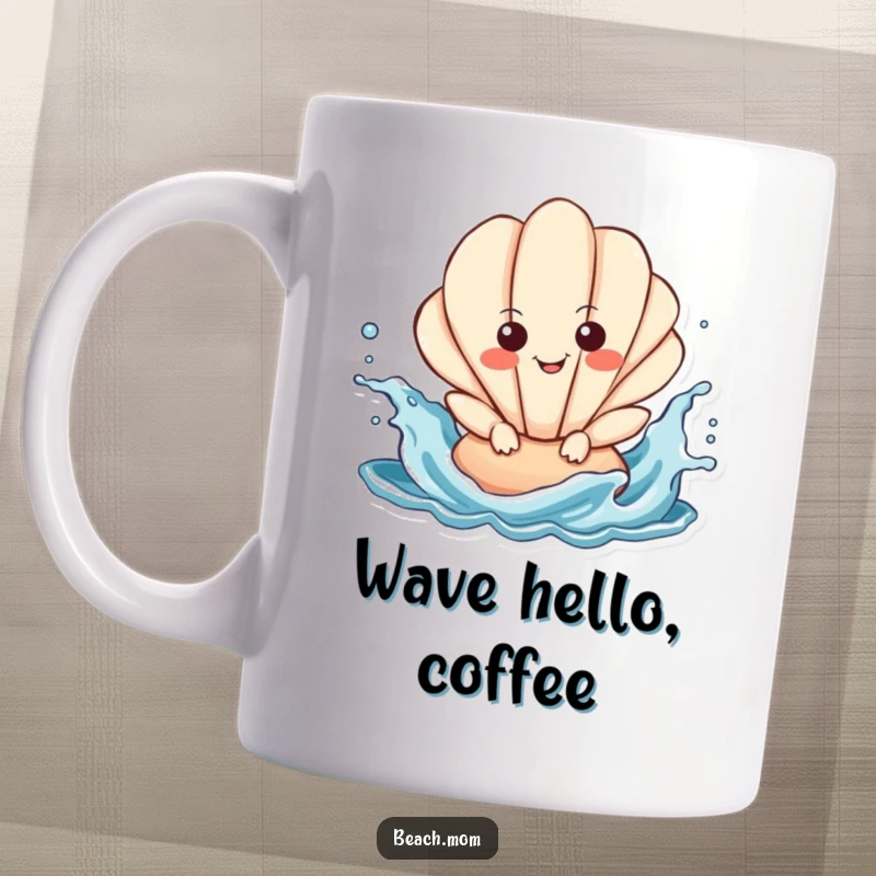 Funny Seashell Mug featuring a smiling seashell character playfully splashing in ocean waves, bringing seaside joy.
