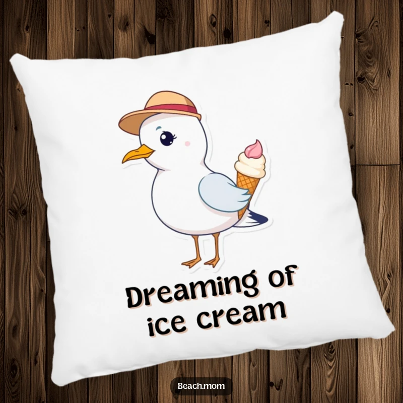 Funny pillow featuring a seagull in a hat, enjoying an ice cream cone, perfect for adding comfort and humor.