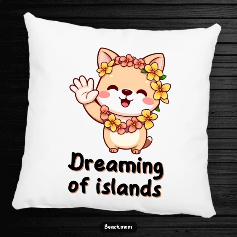 Funny animal character adorned with a flower lei, waving a warm greeting, perfect for a comfortable pillow.