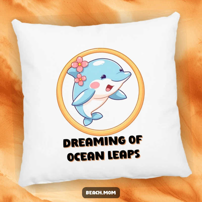 Funny dolphin with a flower behind its ear, jumping through a hoop, on a plush pillow.