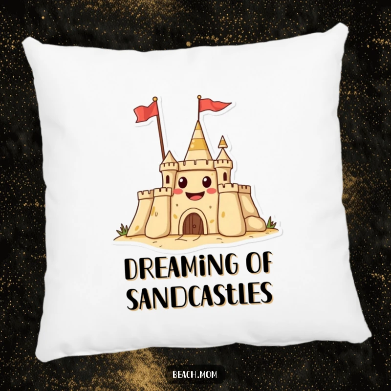 Funny pillow featuring a grinning sandcastle with a flag, providing comfort and a humorous beach-themed accent.