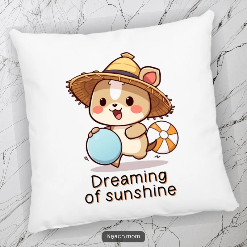 Funny animal character wearing a straw hat chasing a beach ball, designed as a plush pillow, adding humorous comfort and summer cheer.