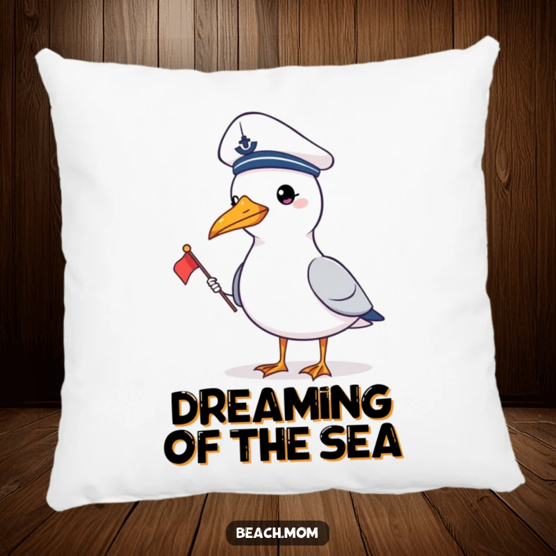 Funny gull wearing a sailor hat and holding a flag, perfect for a soft and humorous nautical pillow.