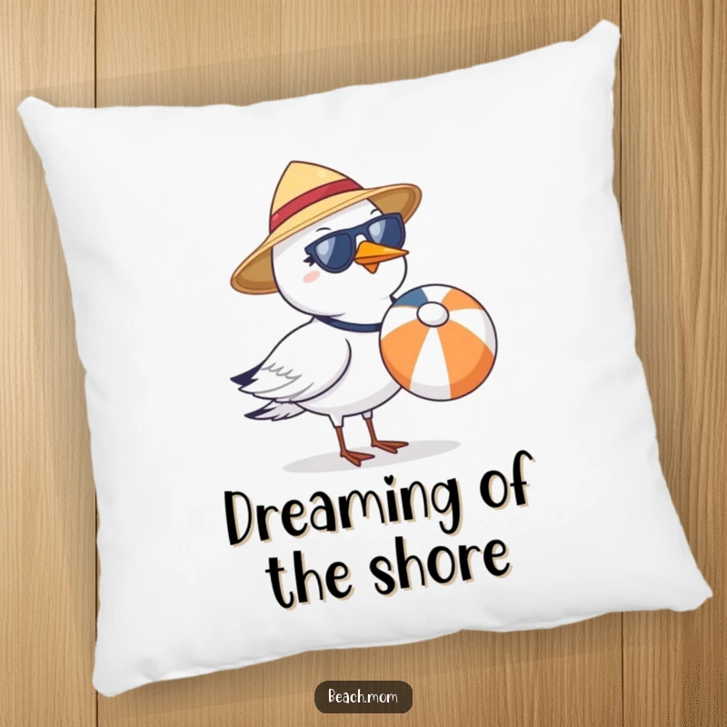 Funny seagull with a sun hat and sunglasses, holding a beach ball, showcased on a soft pillow.
