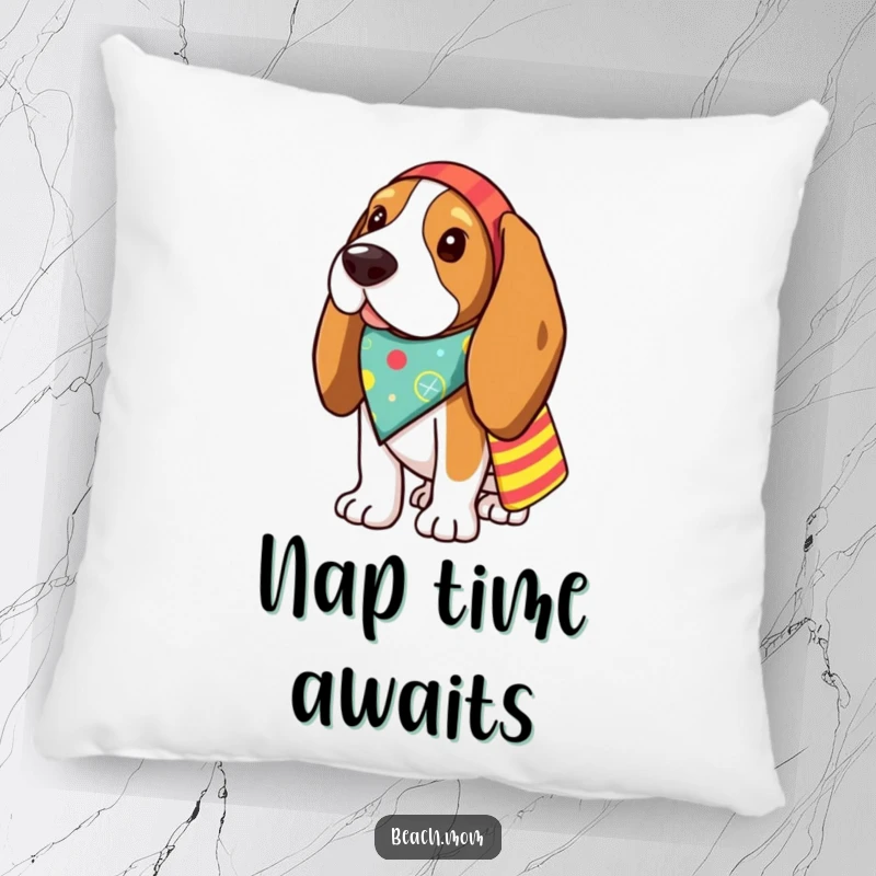 Funny Basset Hound pillow featuring a dog with a bandana and beach bag, offering a touch of seaside humor.