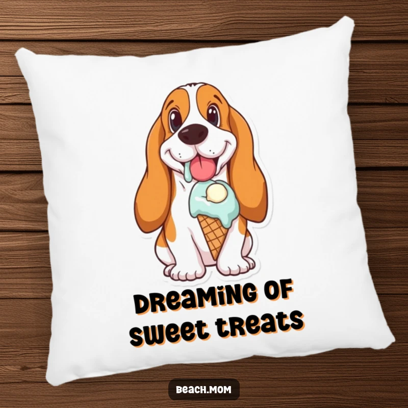 Funny Basset Hound pillow featuring a dog enjoying a melting ice cream cone, designed for maximum comfort and smiles.