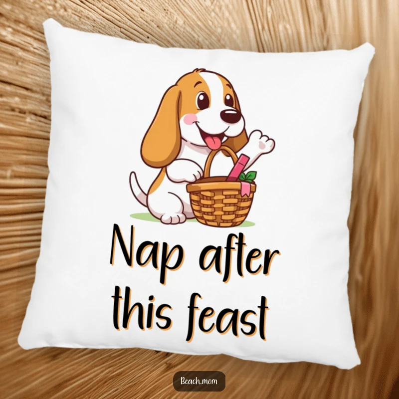 Funny Basset Hound pillow featuring a dog with a picnic basket, offering a happy gesture, designed for ultimate comfort and joy.