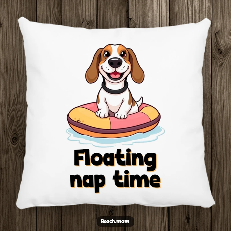 Funny Basset Hound pillow featuring a dog with a goofy grin riding a tiny inflatable raft, perfect for humorous comfort.