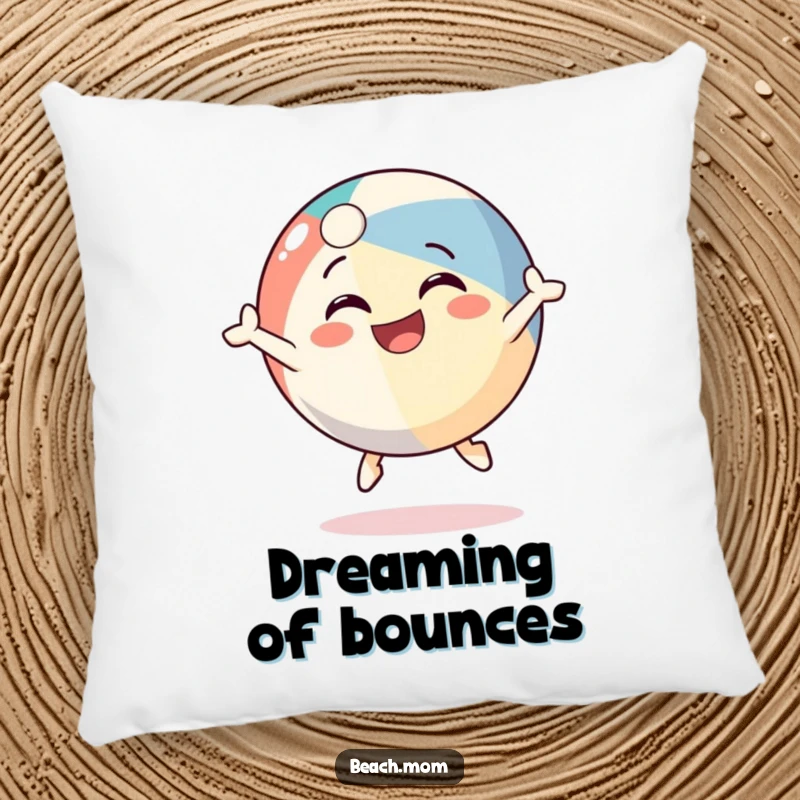 Funny beach ball character pillow, illustrated bouncing happily with a wide smile, adding comfort and fun to any room.