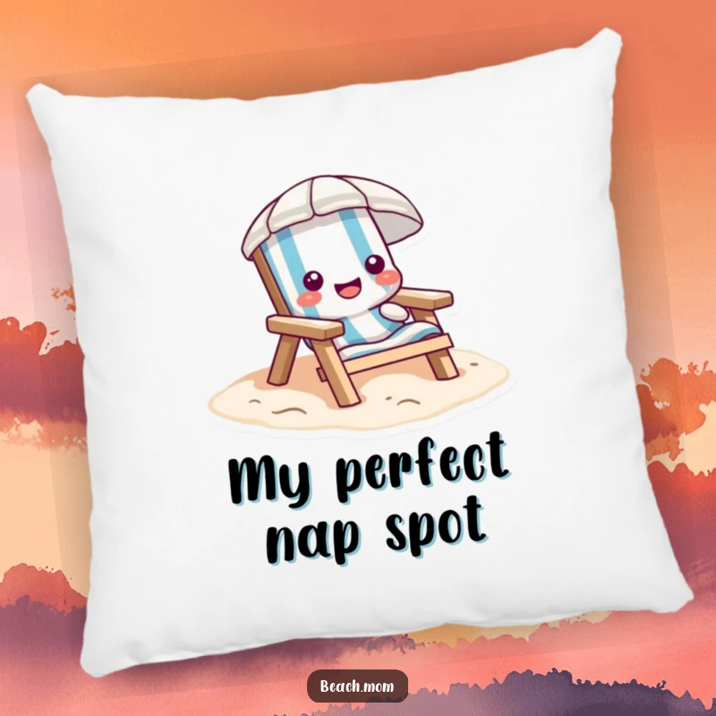 Funny beach chair pillow, soft cartoon character sinking into sand, cozy accent for relaxation.