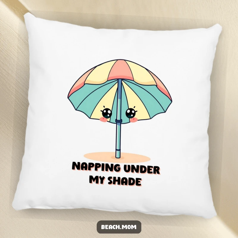 Funny beach umbrella with eyes, wiggling happily, on a soft, decorative pillow.