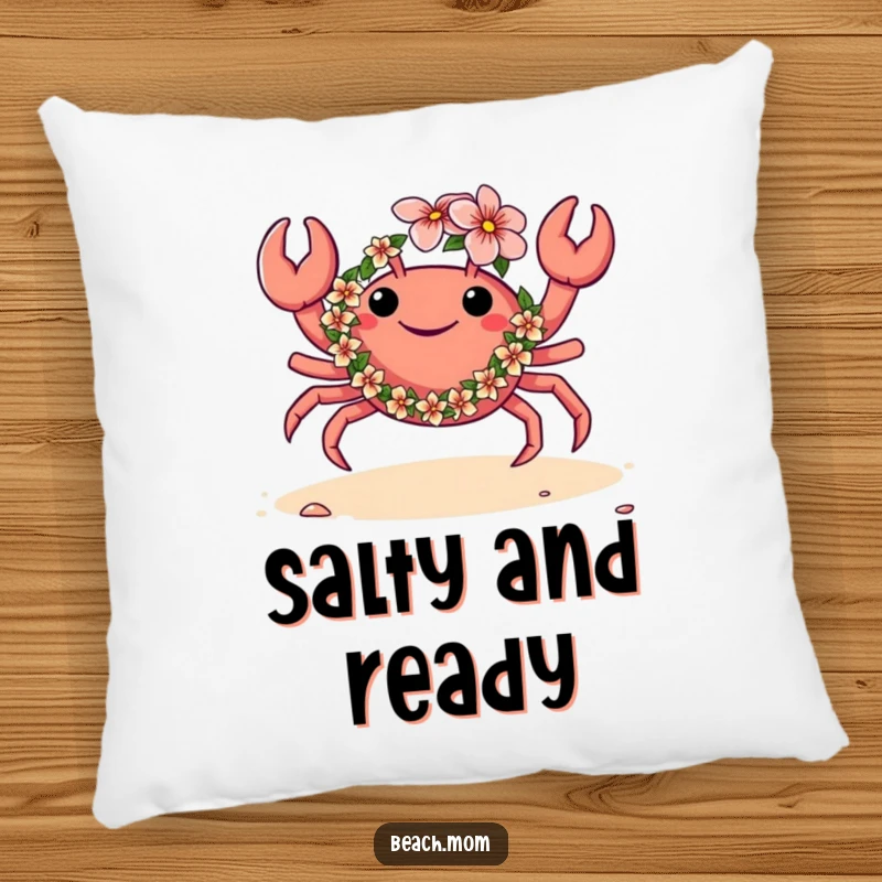 Funny pillow featuring a crab wearing a flower lei and dancing on the sand, a comfortable and humorous tropical accent piece.