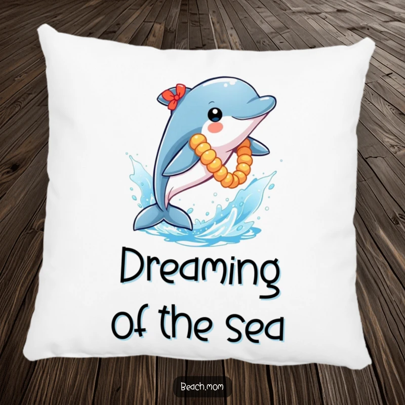 Funny Dolphin Pillow: A playful dolphin with a lei leaps from blue water, offering cozy comfort and humorous ocean vibes.