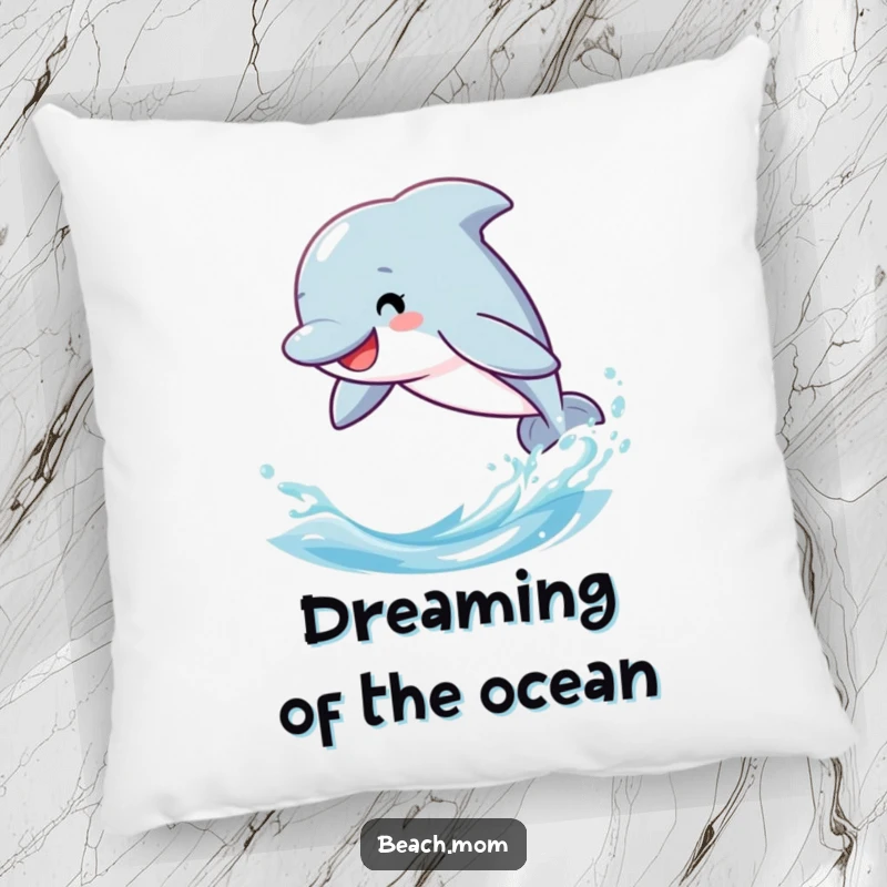 Funny dolphin pillow, soft cartoon character leaping through gentle ocean waves, cozy nautical accent.