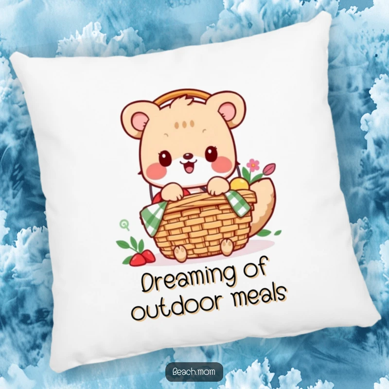Funny pillow: A joyful animal character excitedly packs a picnic basket, creating a cozy and humorous decor piece.