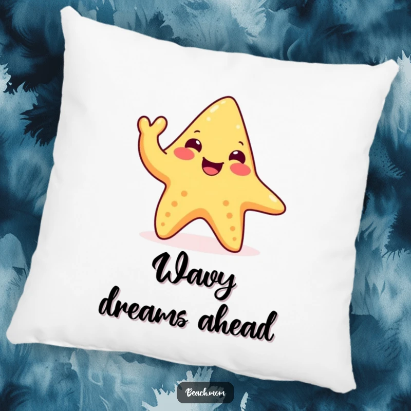 Funny happy starfish pillow with a waving tentacle, perfect for seaside decor, a humorous and comfortable cushion.