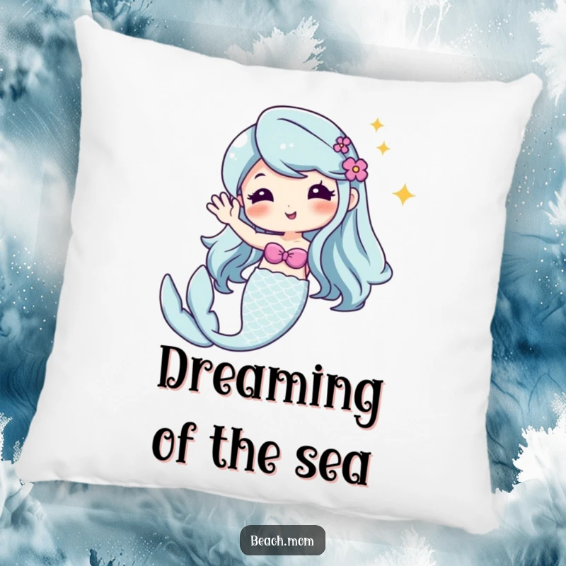 Funny Kawaii mermaid pillow, soft cartoon character with a shiny tail waving, cozy fantasy accent.