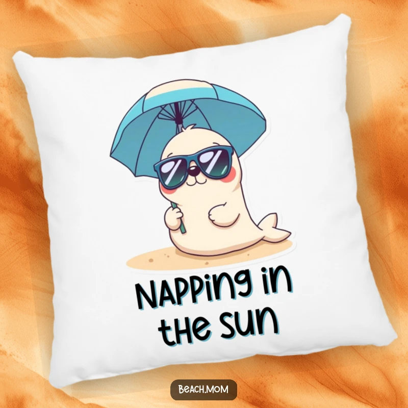 Funny Kawaii seal pillow with a cute seal wearing sunglasses and holding a beach umbrella, offering soft beachside comfort.