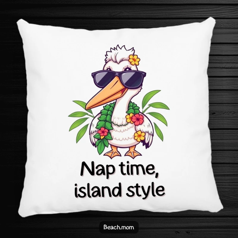 Funny pillow featuring a pelican in sunglasses and a lei, offering comfort and a touch of tropical humor.