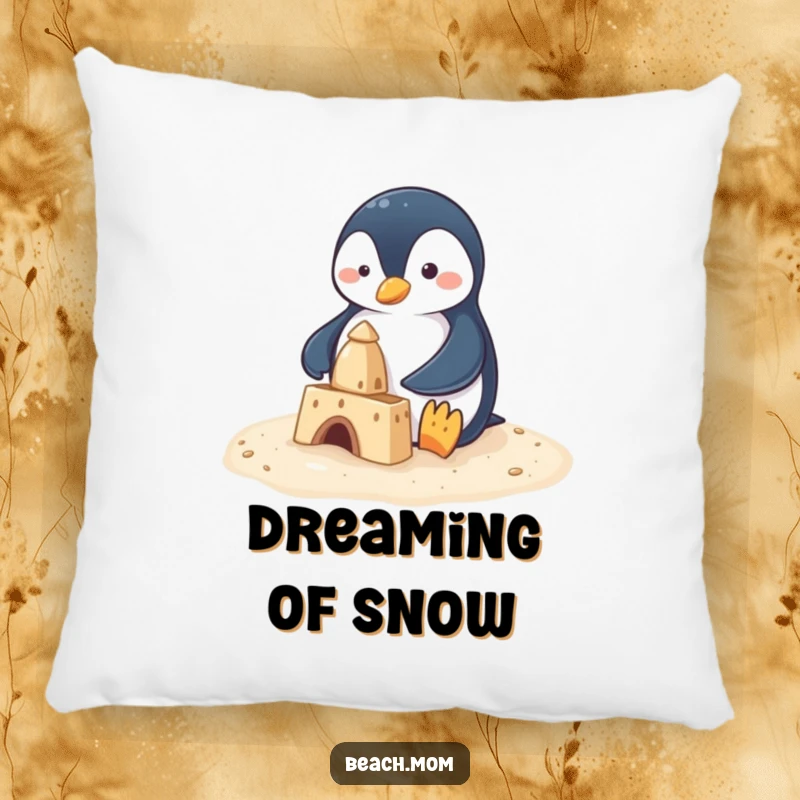 Funny penguin with tiny flippers building a sandcastle, depicted on a soft decorative pillow, adding a touch of beach humor to any room.