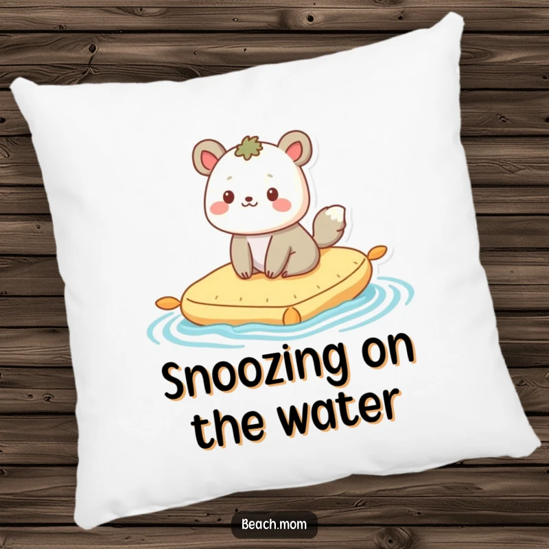 Funny pillow: A contented animal character happily bobs on a raft, creating a cozy and humorous decor piece.