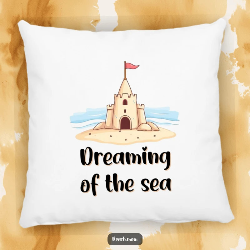 Funny pillow featuring a cheerful sandcastle with a flag, waving hello to the ocean, adding a cute touch to any room.