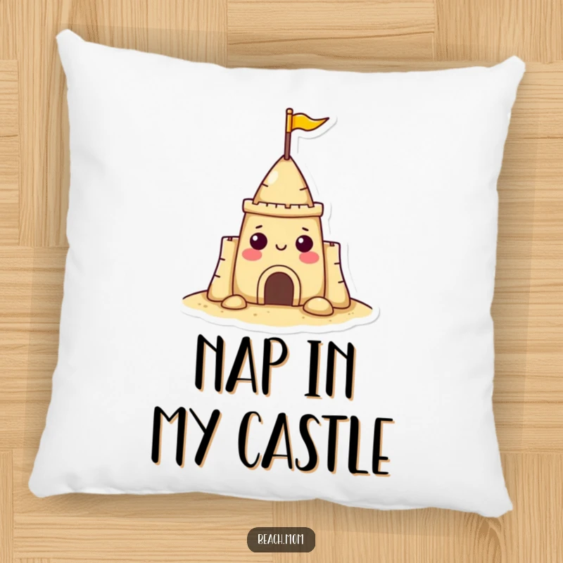Funny sandcastle character pillow with a small flag, exuding cheerfulness and beach relaxation, a cozy and fun decor item.